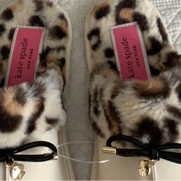 Kate Spade Slippers Size 6 Lacey Suede Bow Classic Cream Leopard Cozy Fur NWT - Picture 6 of 7